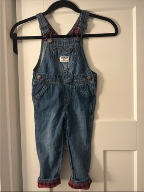 OshKosh B'gosh Blue Denim Kids Heart Pocket Overalls with Red Plaid Cuffs